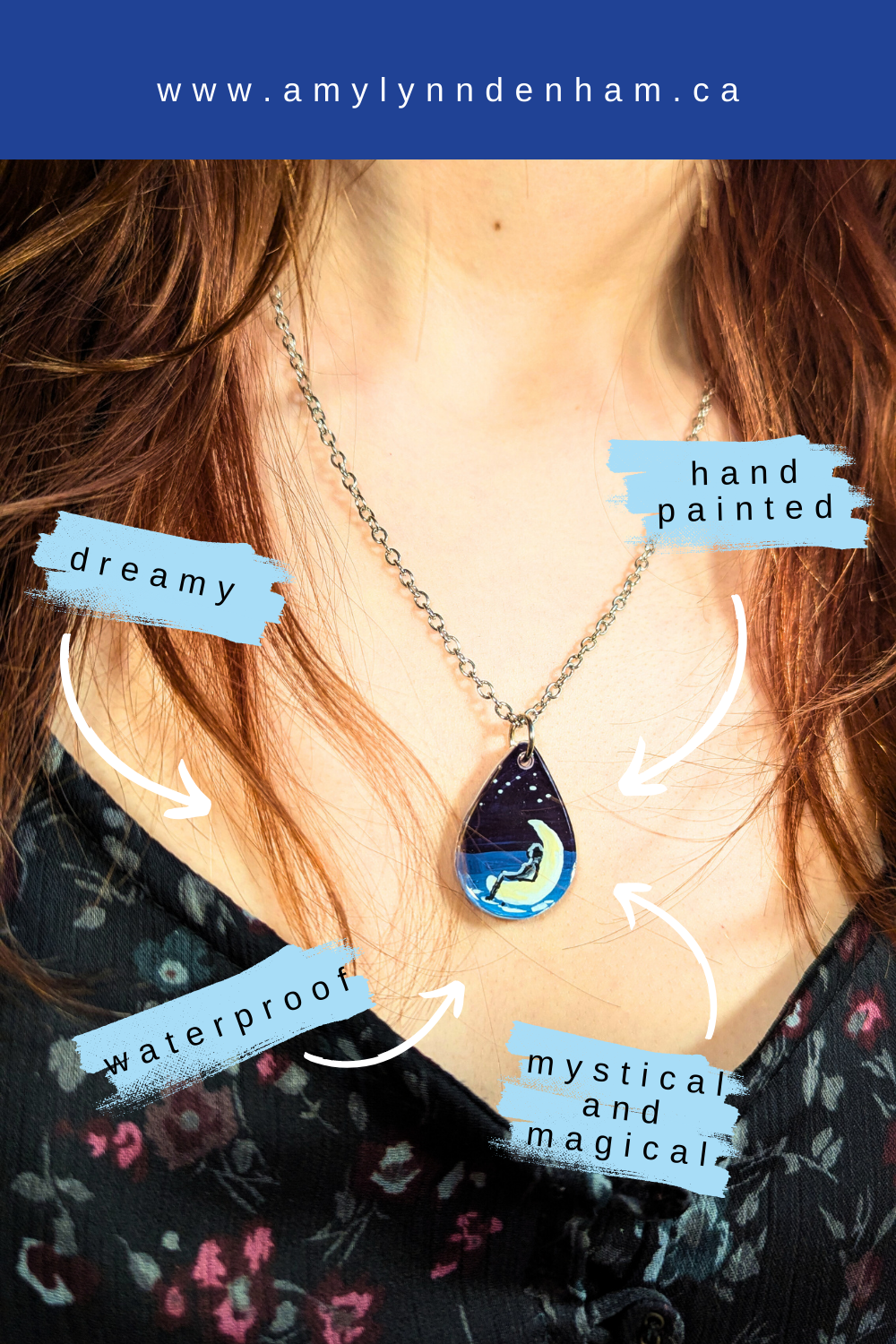 Moon on the water hand painted acrylic resin mystical pendant necklace