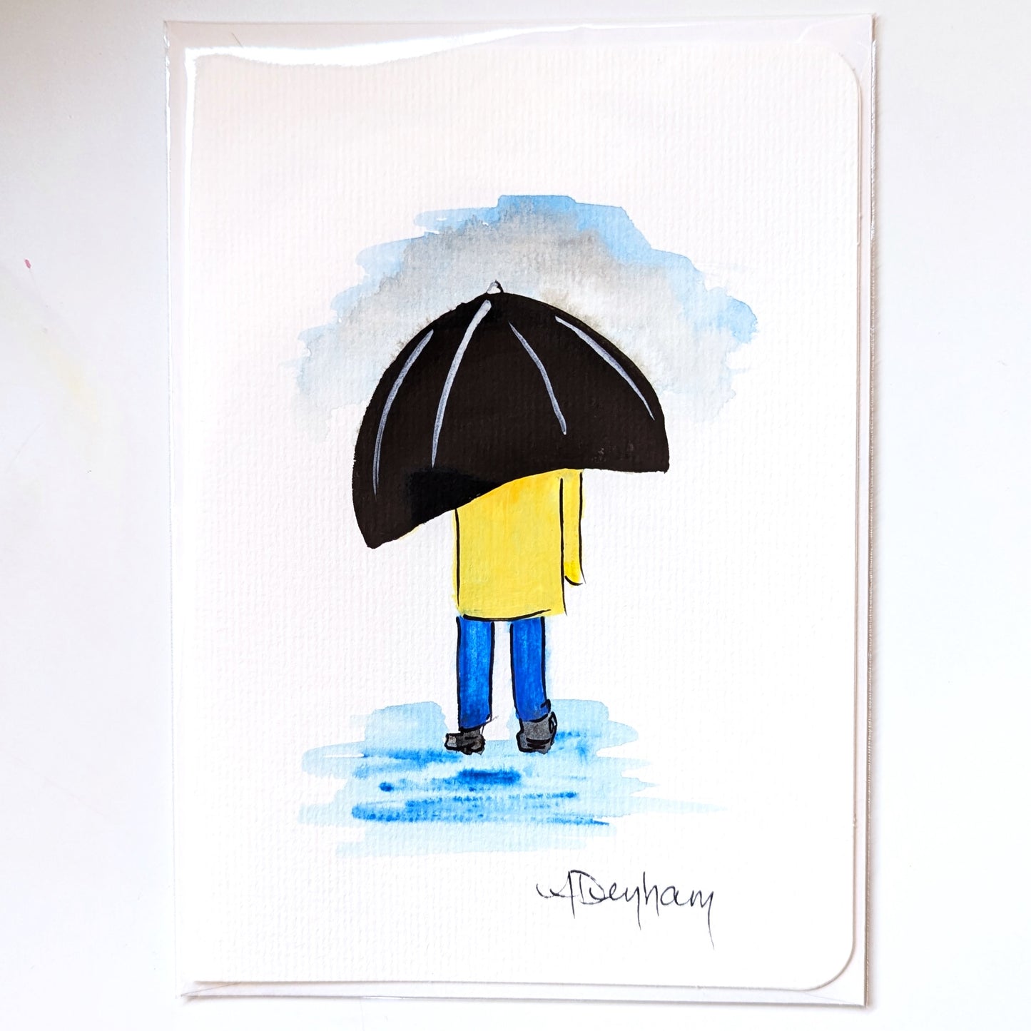 Greeting Card - Standing in the Rain, Hand Painted Watercolor