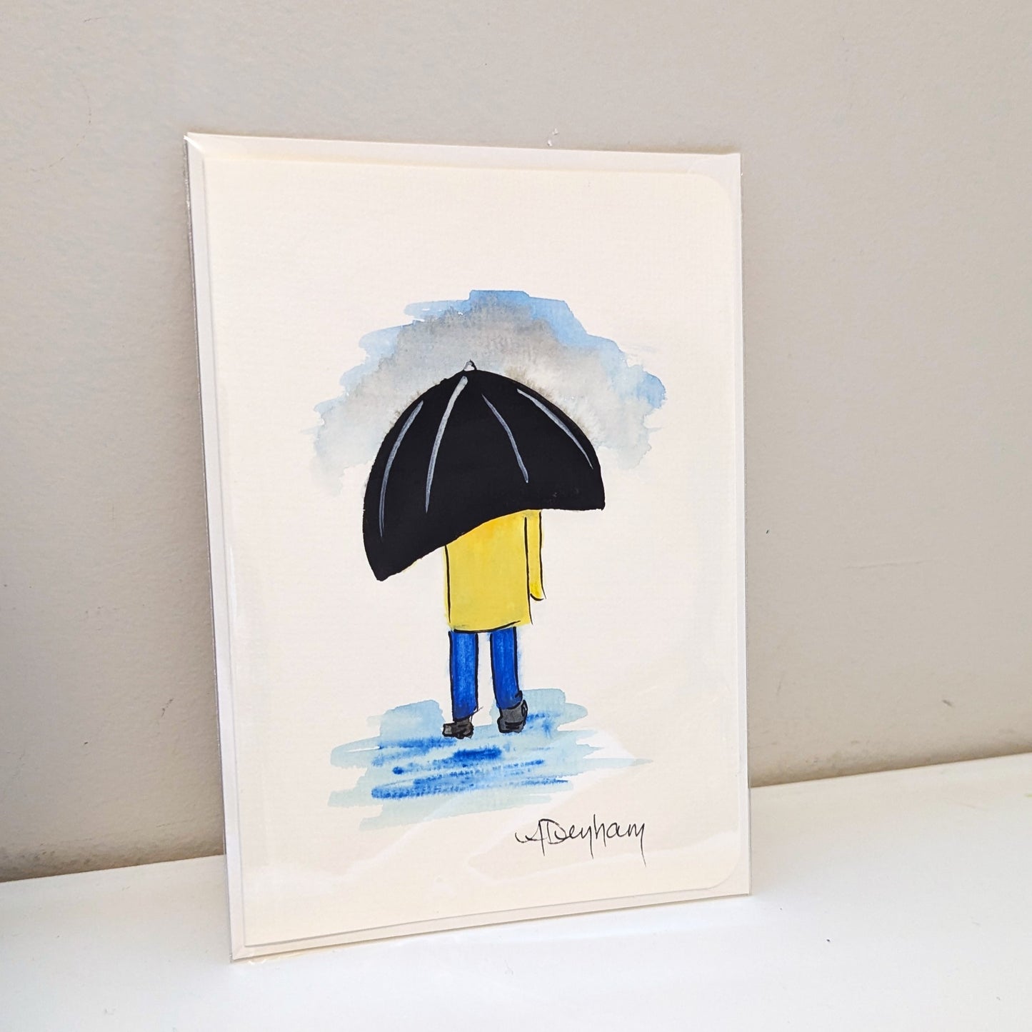 Greeting Card - Standing in the Rain, Hand Painted Watercolor