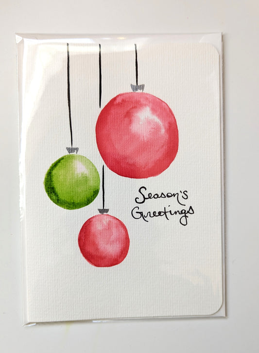 Season's Greetings Bauble Watercolor Christmas Card - Blank Inside