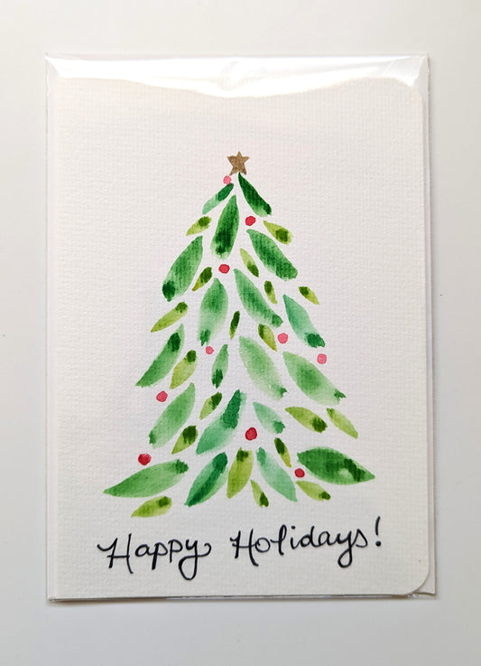 Abstract Green and Red Watercolor Christmas Card - Blank Inside