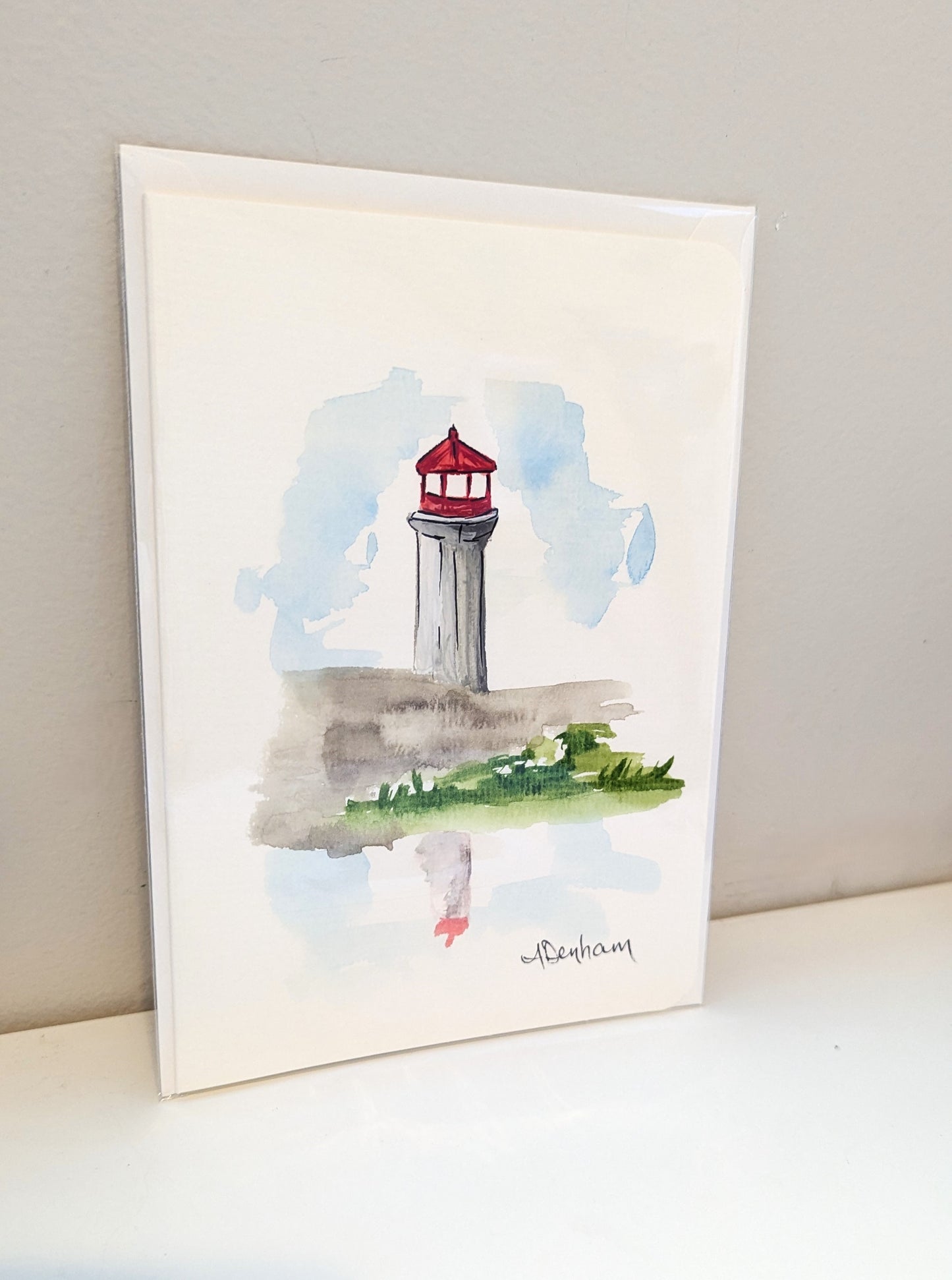 Large Peggy's Cove Lighthouse Reflection, Hand-Painted Watercolor, Blank Inside