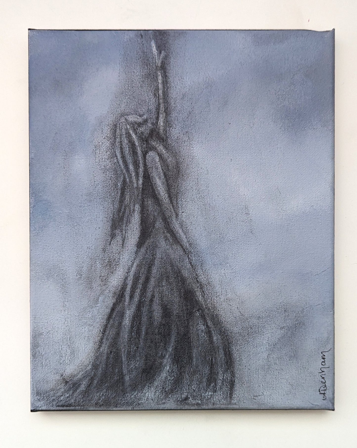 "Falling into the Night" Woman Reaching Charcoal Painting, Hand Drawn Woman, Somber Painting, Hopeful Drawing, Grey Scale Gothic Painting