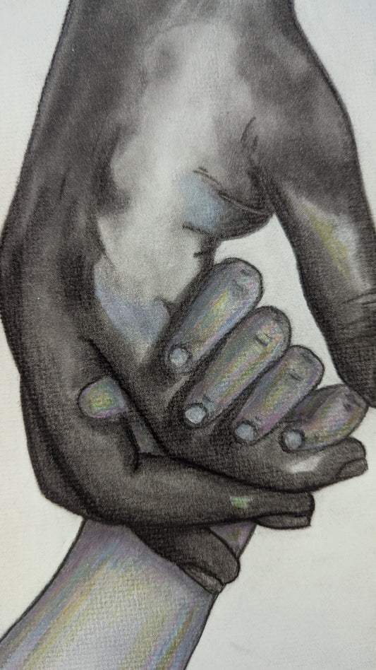 Pieces of Us - Parent and Child Holding Hard Original Charcoal Drawing