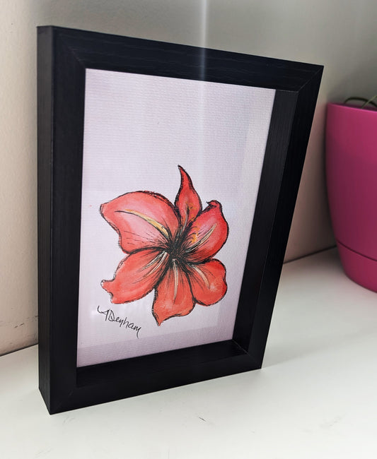 Red Hibiscus Watercolor Drawing, Framed