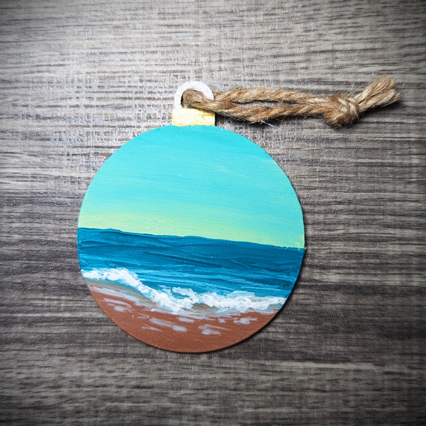 Teal sunrise beach ornament, hand painted wooden hanging bauble