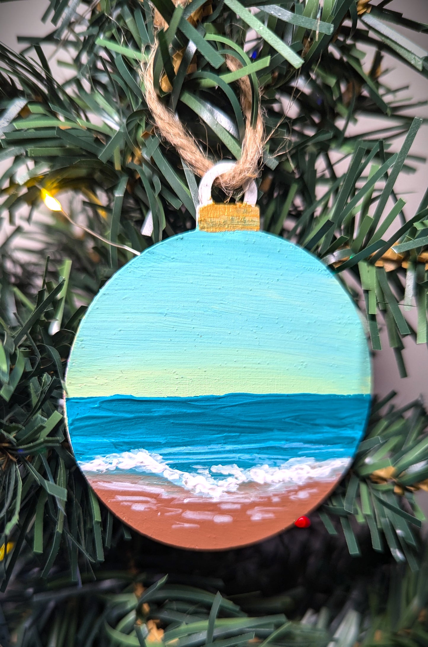 Teal sunrise beach ornament, hand painted wooden hanging bauble