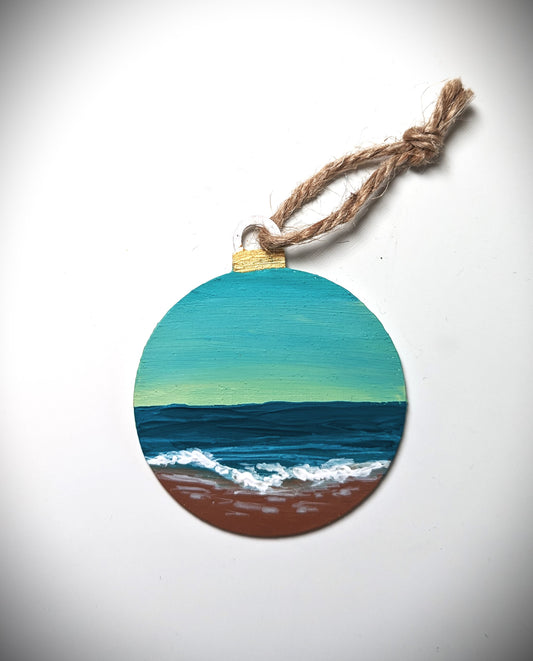 Teal sunrise beach ornament, hand painted wooden hanging bauble