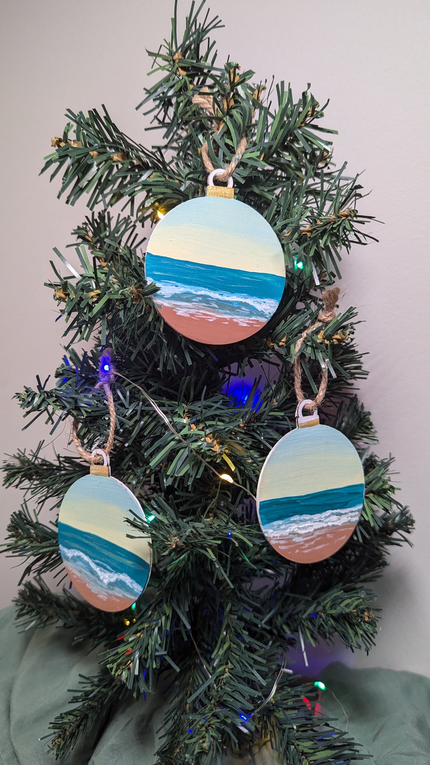 Teal sunrise beach ornament, hand painted wooden hanging bauble