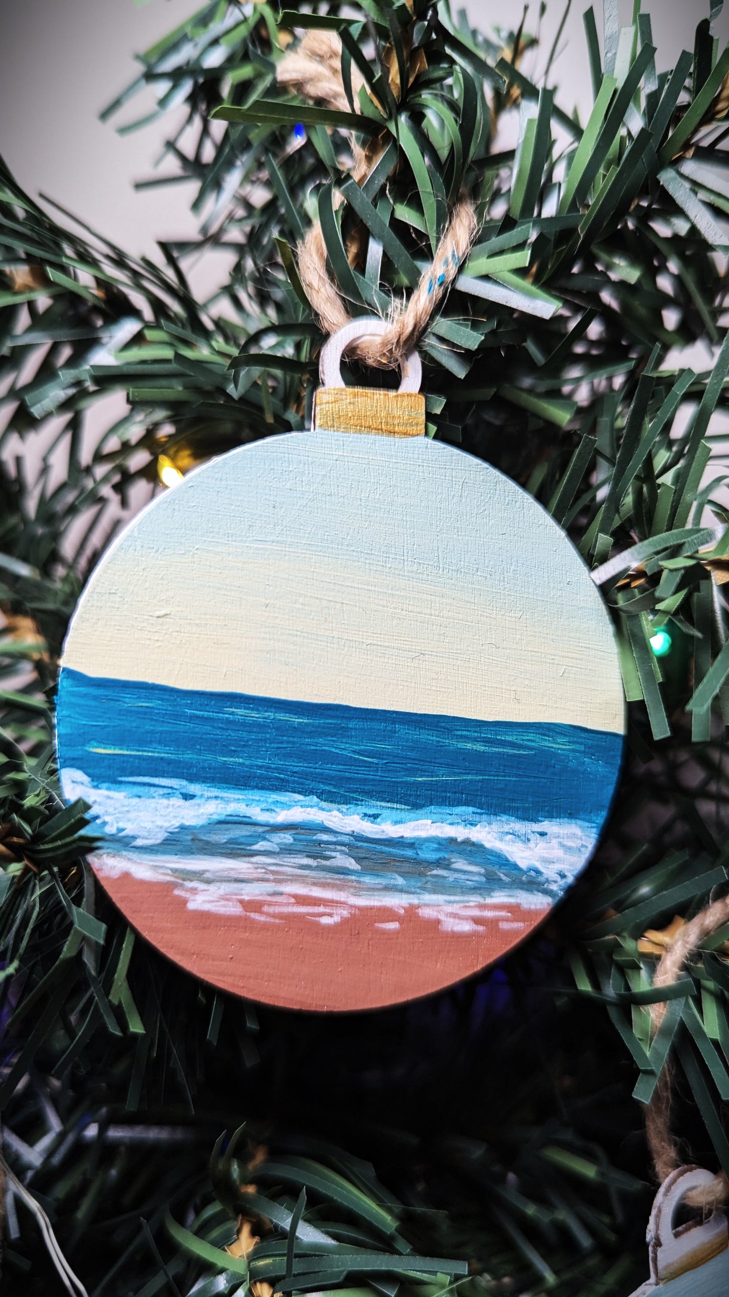 Teal sunrise beach ornament, hand painted wooden hanging bauble