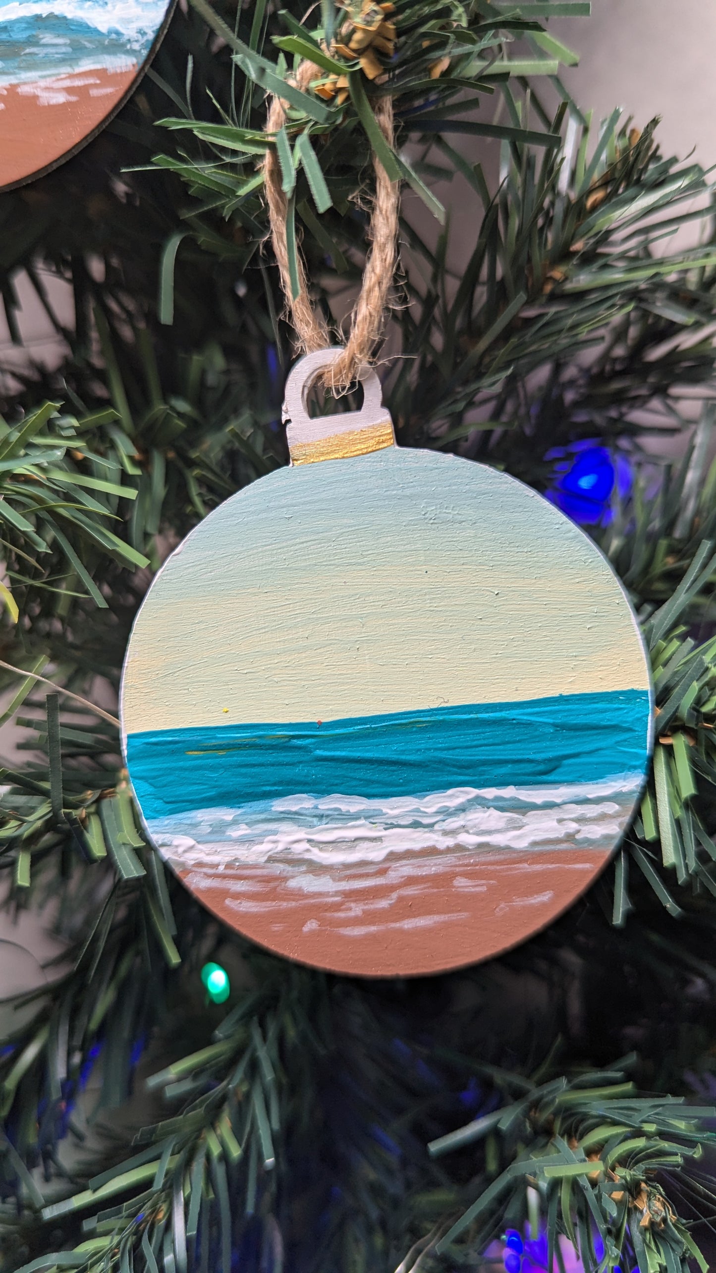 Teal sunrise beach ornament, hand painted wooden hanging bauble