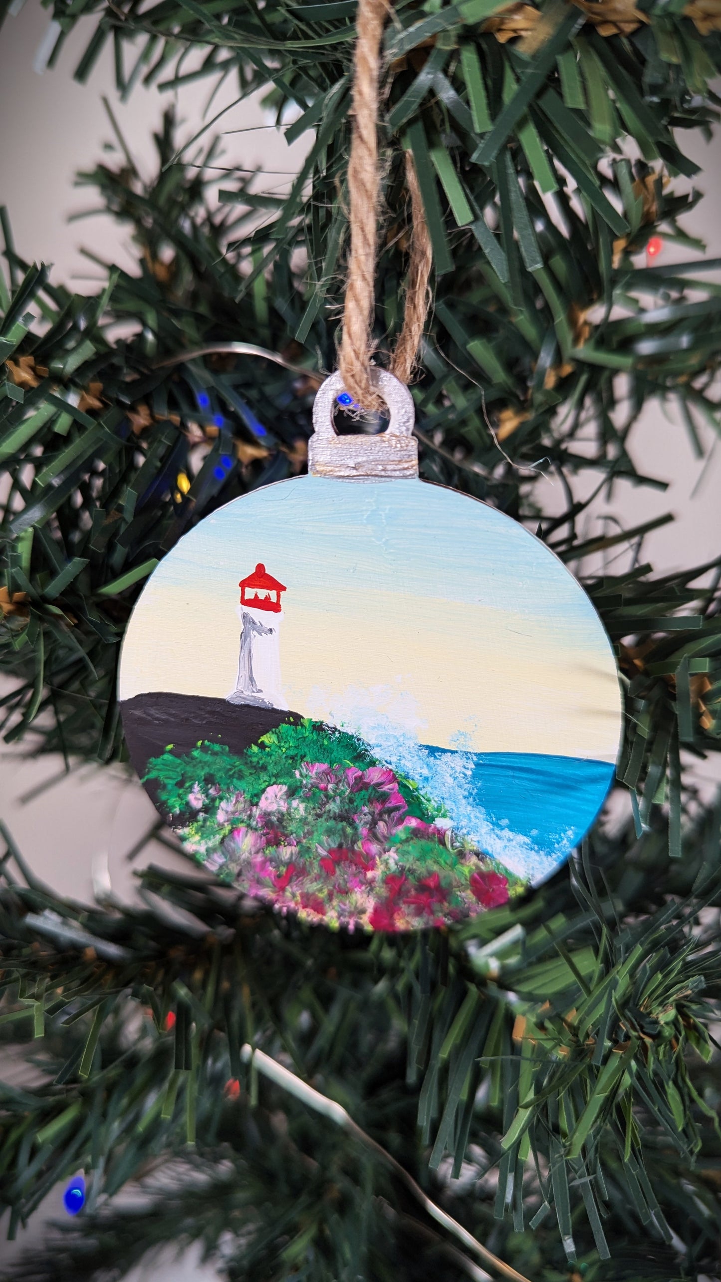Yellow and Blue Sunrise Lighthouse, Hand Painted Christmas Ornament, Coastal Bauble Gift for Lighthouse Lovers