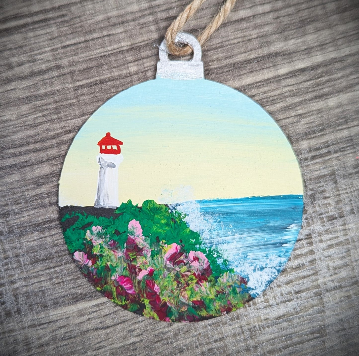 Yellow and Blue Sunrise Lighthouse, Hand Painted Christmas Ornament, Coastal Bauble Gift for Lighthouse Lovers