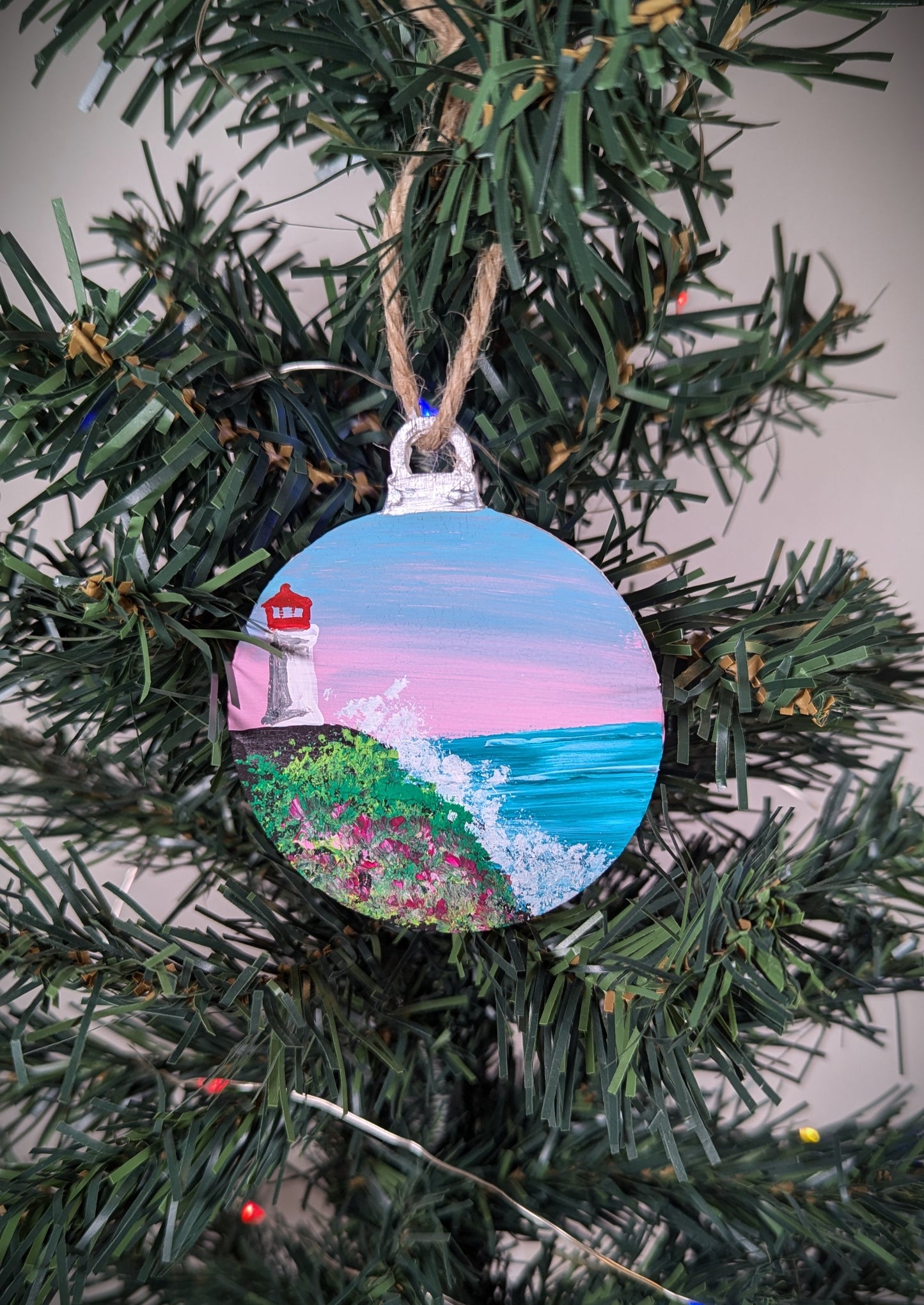 Pink and Blue Sunset Lighthouse, Hand Painted Christmas Ornament, Coastal Bauble Gift for Lighthouse Lovers