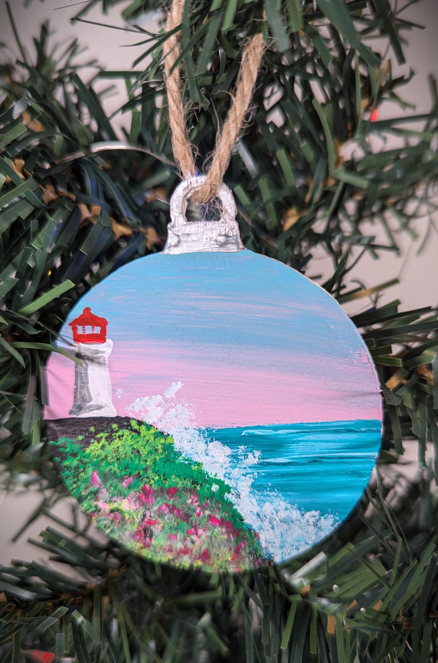 Pink and Blue Sunset Lighthouse, Hand Painted Christmas Ornament, Coastal Bauble Gift for Lighthouse Lovers