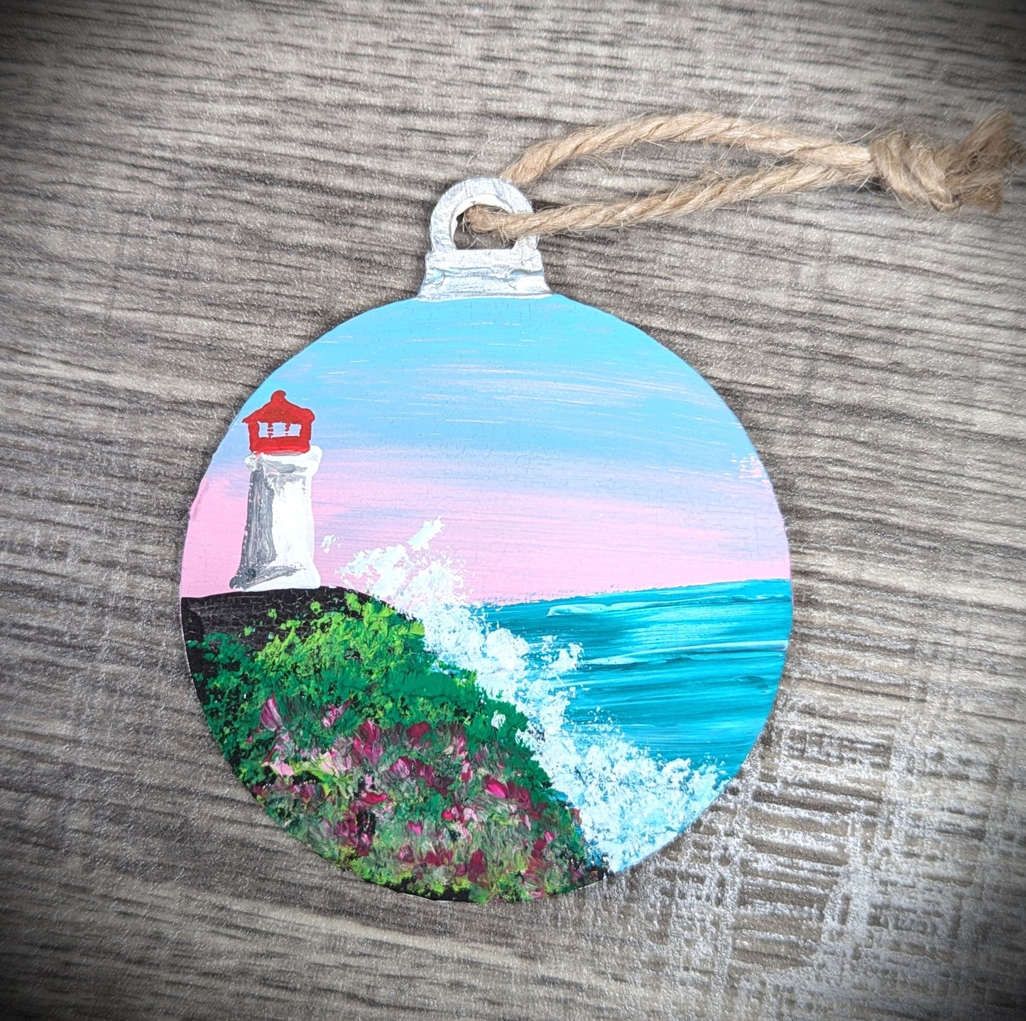 Pink and Blue Sunset Lighthouse, Hand Painted Christmas Ornament, Coastal Bauble Gift for Lighthouse Lovers