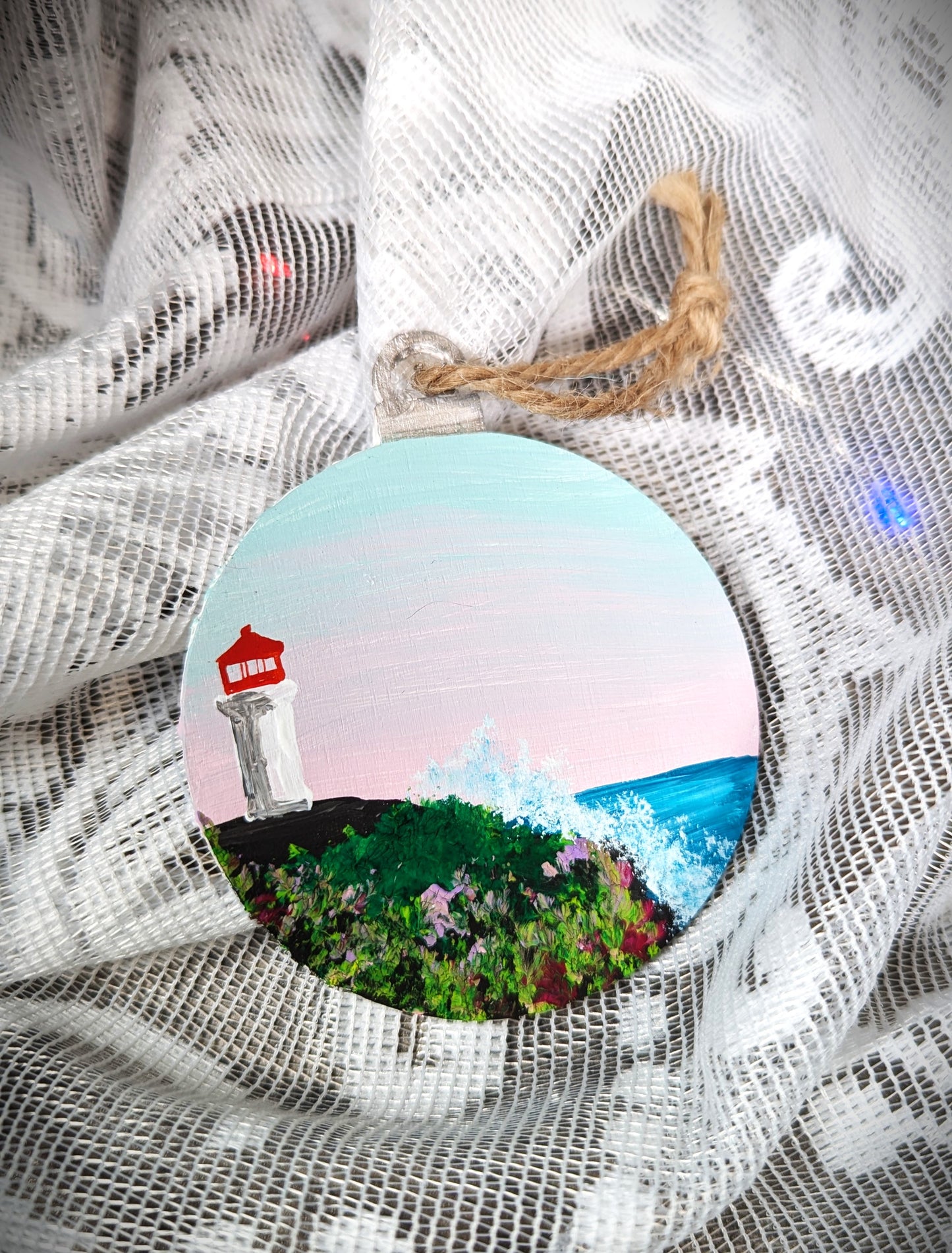 Pink and Blue Sunset Lighthouse, Hand Painted Christmas Ornament, Coastal Bauble Gift for Lighthouse Lovers