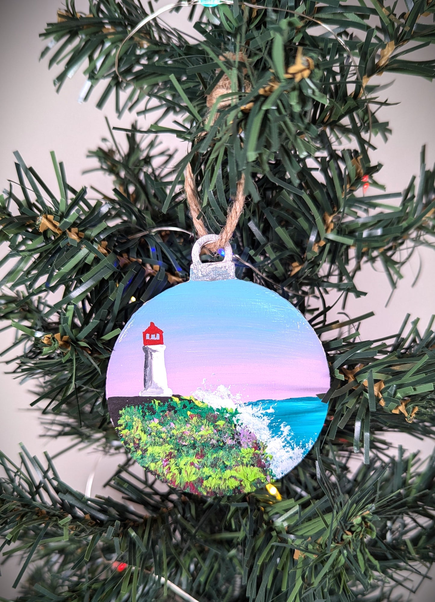 Pink and Blue Sunset Lighthouse, Hand Painted Christmas Ornament, Coastal Bauble Gift for Lighthouse Lovers