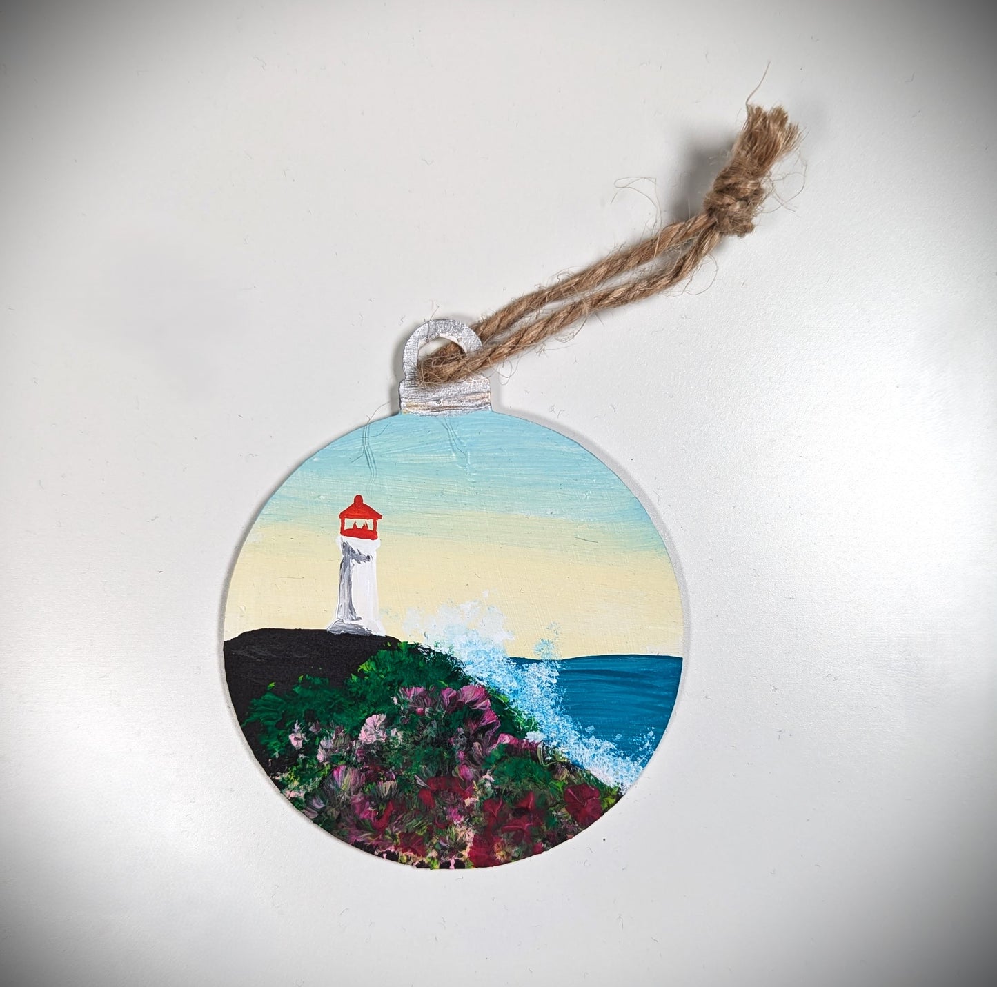 Yellow and Blue Sunrise Lighthouse, Hand Painted Christmas Ornament, Coastal Bauble Gift for Lighthouse Lovers