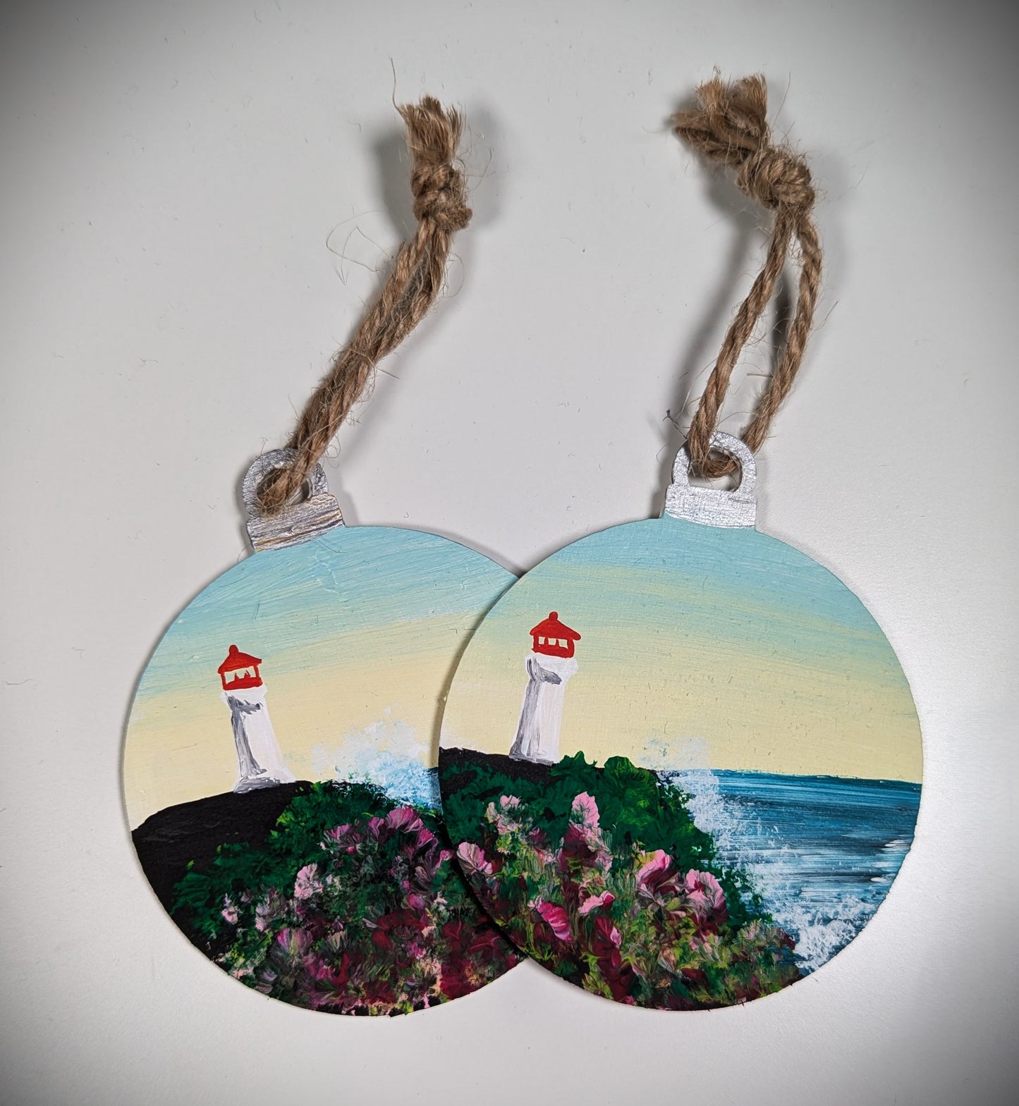 Yellow and Blue Sunrise Lighthouse, Hand Painted Christmas Ornament, Coastal Bauble Gift for Lighthouse Lovers