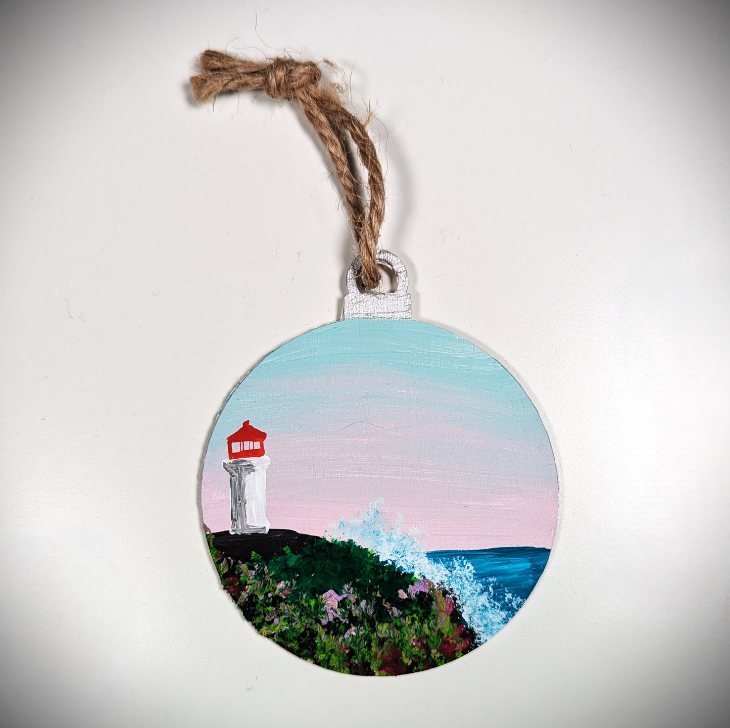 Pink and Blue Sunset Lighthouse, Hand Painted Christmas Ornament, Coastal Bauble Gift for Lighthouse Lovers