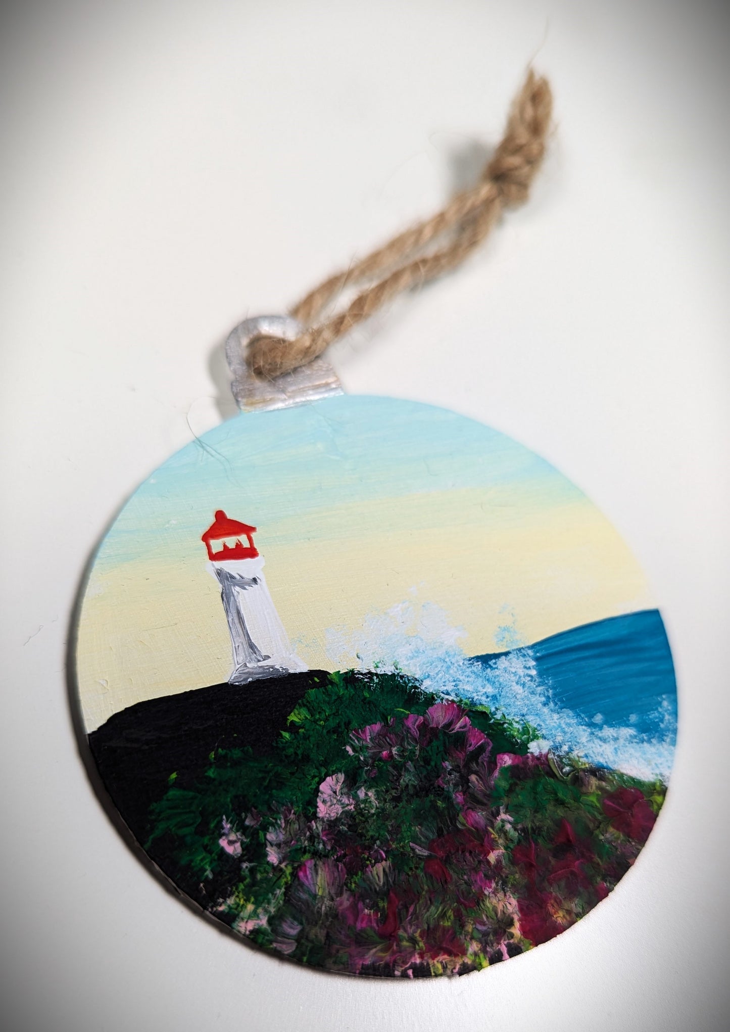 Yellow and Blue Sunrise Lighthouse, Hand Painted Christmas Ornament, Coastal Bauble Gift for Lighthouse Lovers