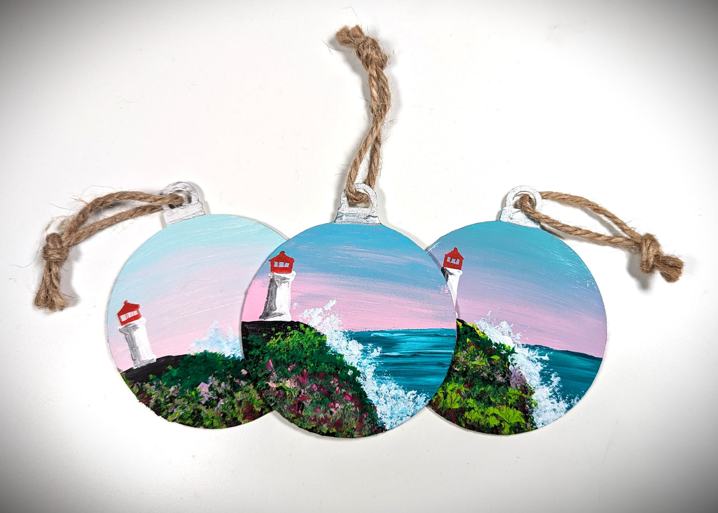 Pink and Blue Sunset Lighthouse, Hand Painted Christmas Ornament, Coastal Bauble Gift for Lighthouse Lovers