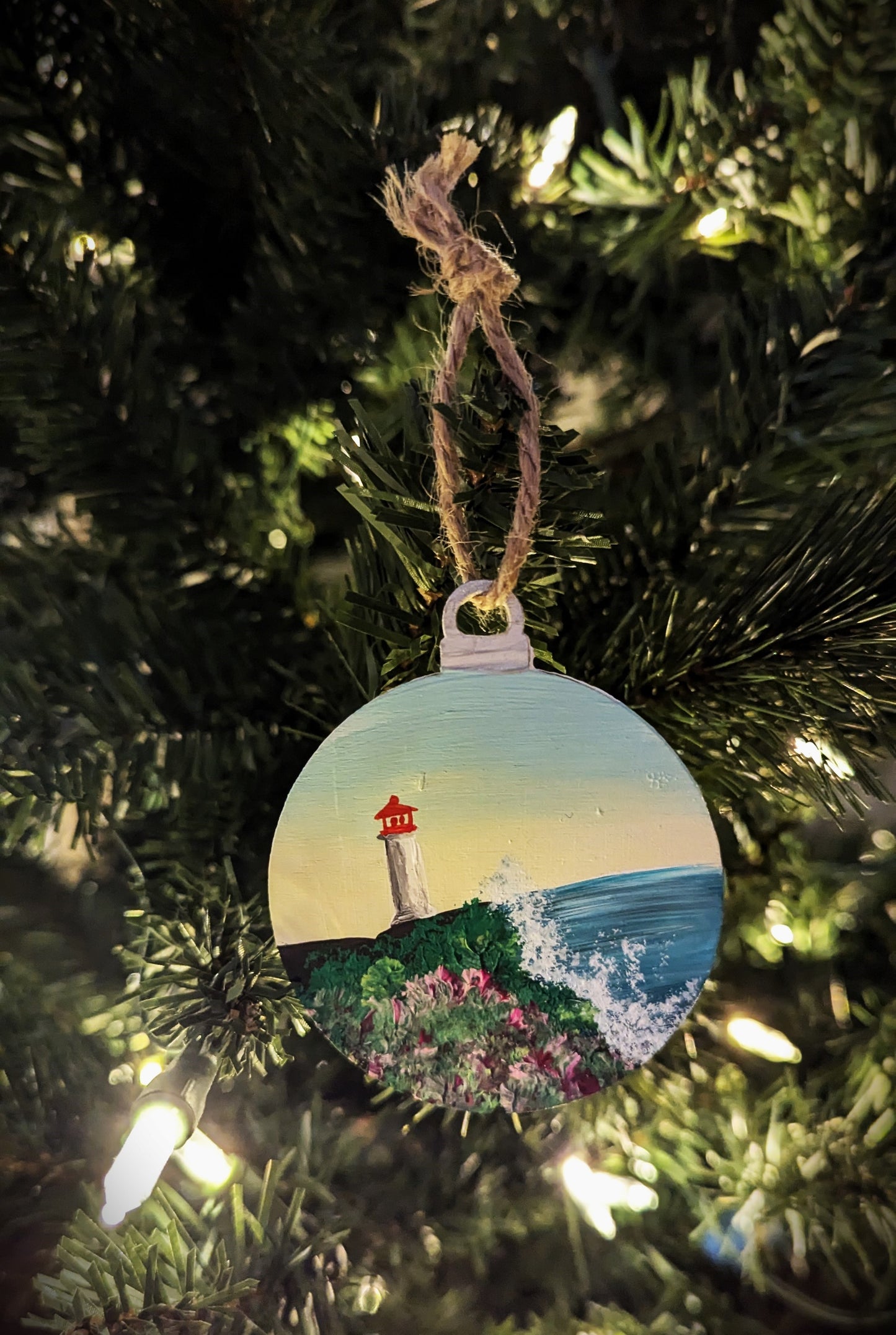 Yellow and Blue Sunrise Lighthouse, Hand Painted Christmas Ornament, Coastal Bauble Gift for Lighthouse Lovers