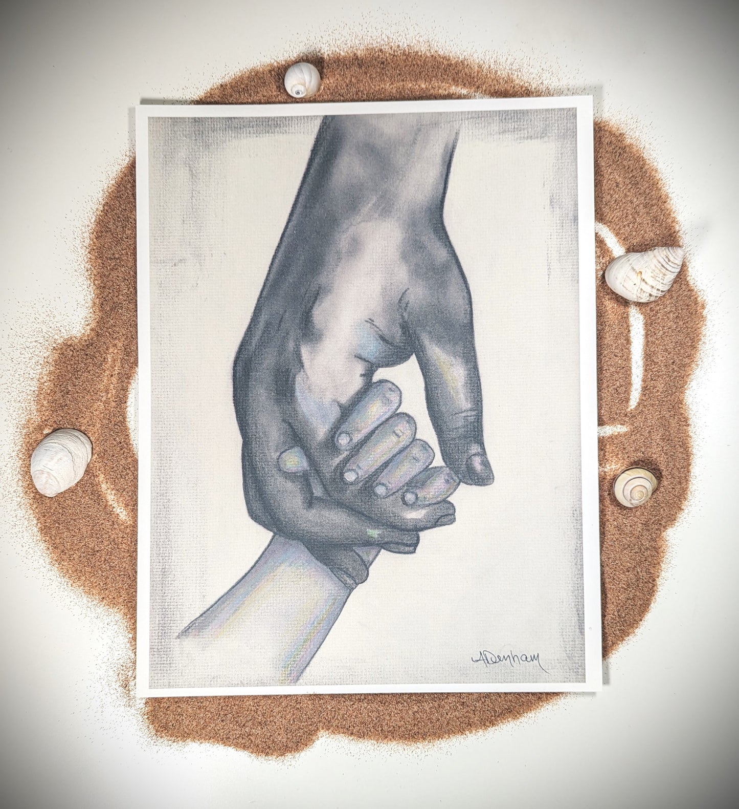 Parent and Child Holding Hard Charcoal Drawing Print, 9" by 12", Unframed