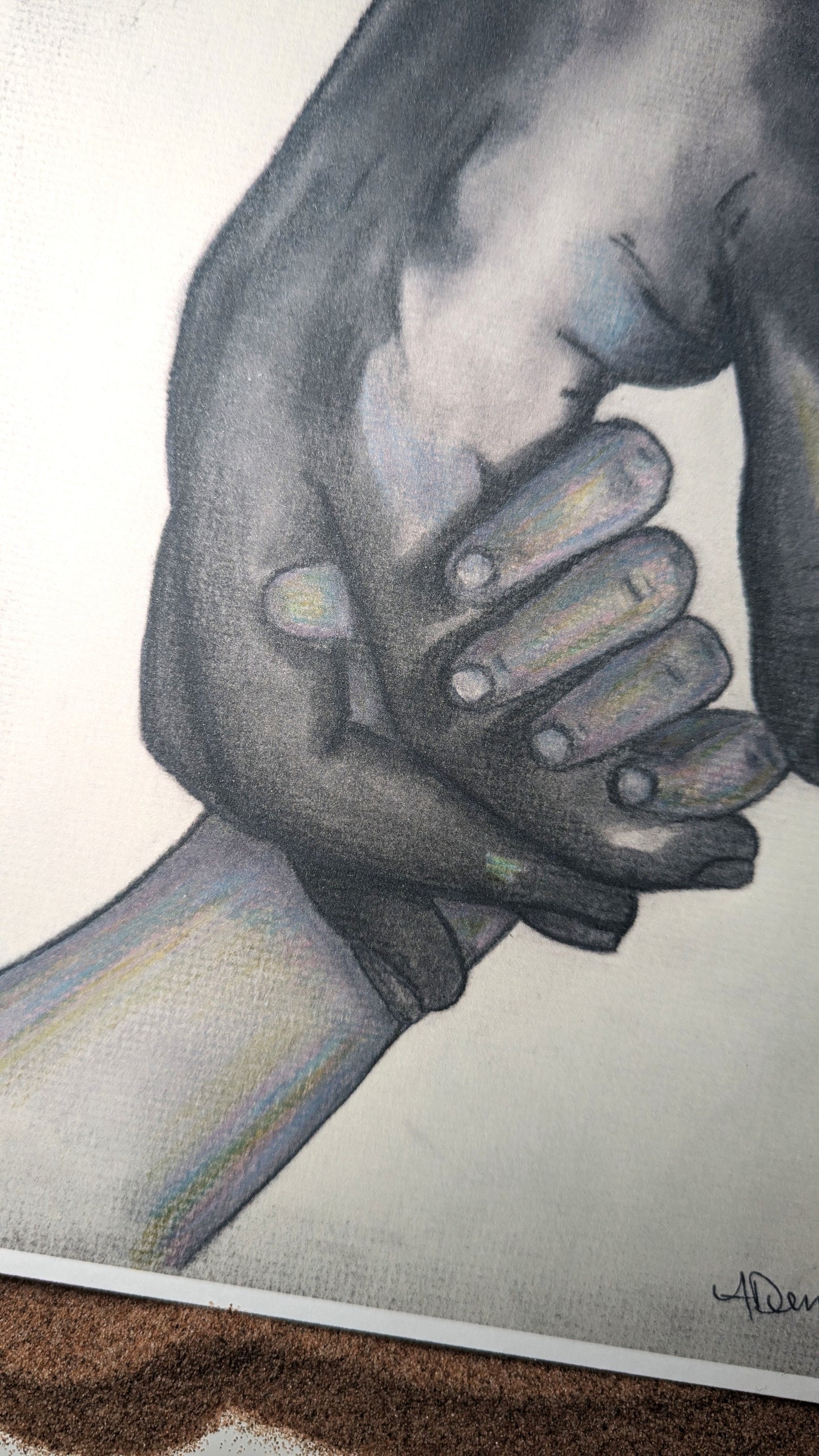Parent and Child Holding Hard Charcoal Drawing Print, 9" by 12", Unframed
