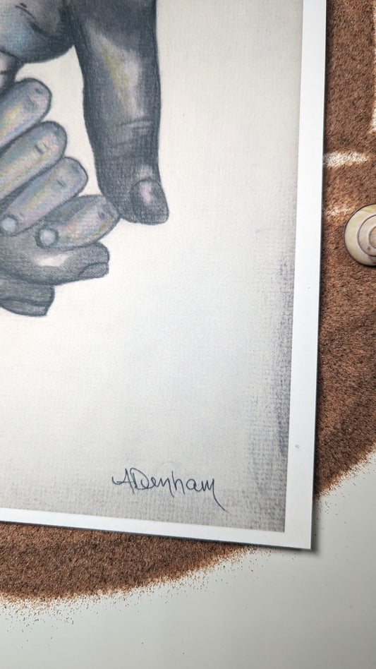 Parent and Child Holding Hard Charcoal Drawing Print, 9" by 12", Unframed