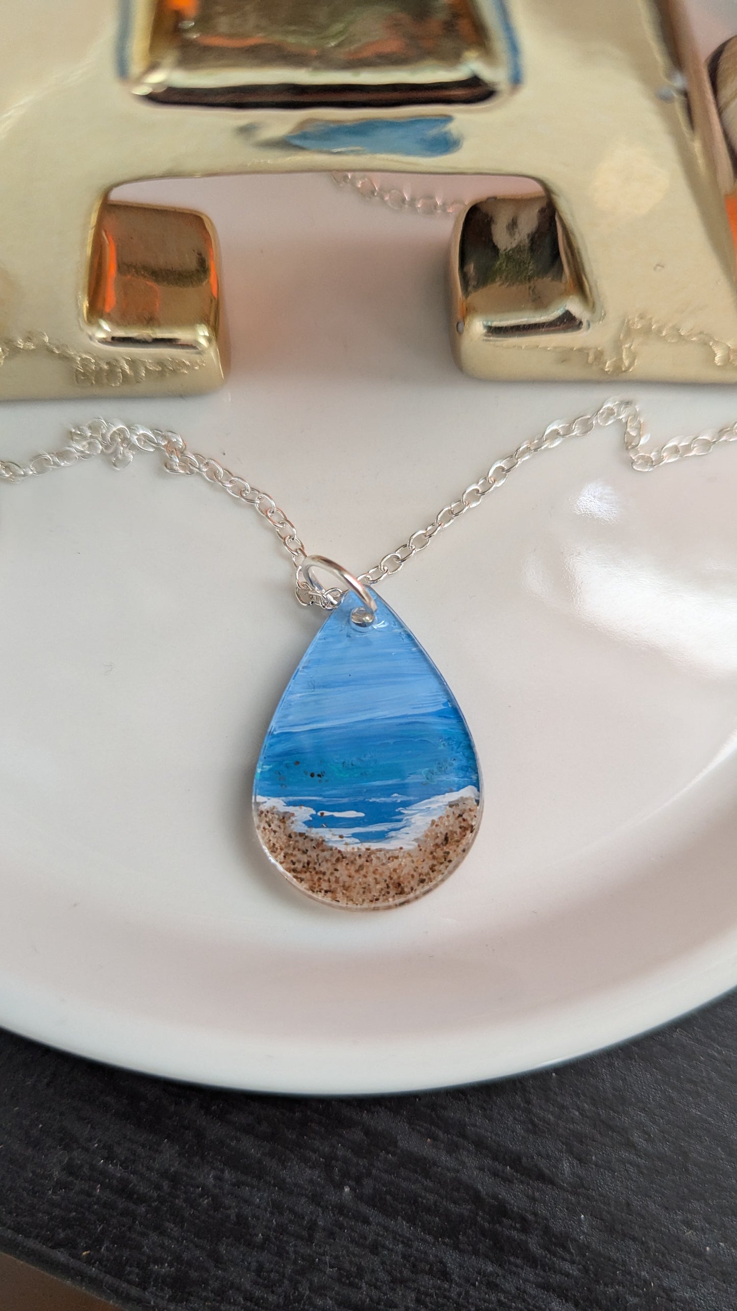 Sandy Beach Hand Painted Necklace, Resin Necklace with Real Nova Scotia Sand, Boho Hippy Beach Necklace