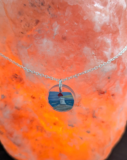 Hand Painted Lighthouse Necklace, Resin Necklace with embedded Lighthouse Painting