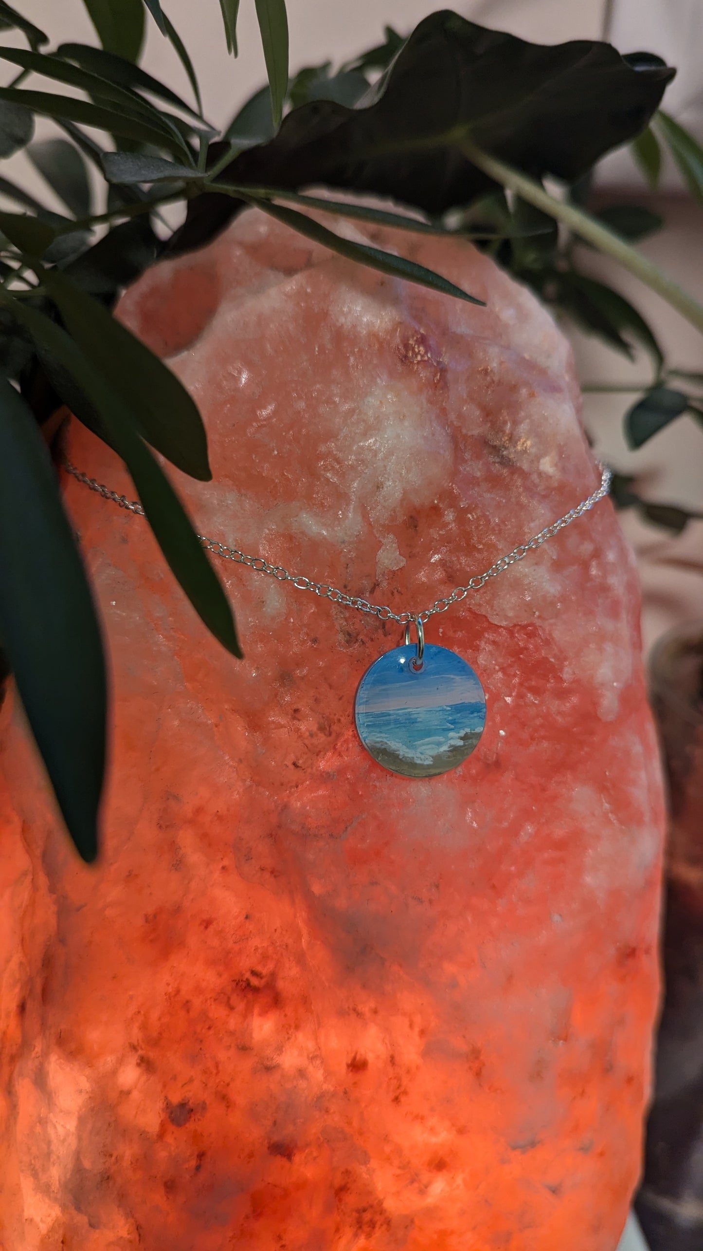 Pink Sunset Hand Painted Resin Necklace, Sunset Jewelry, Pink Beach Necklace