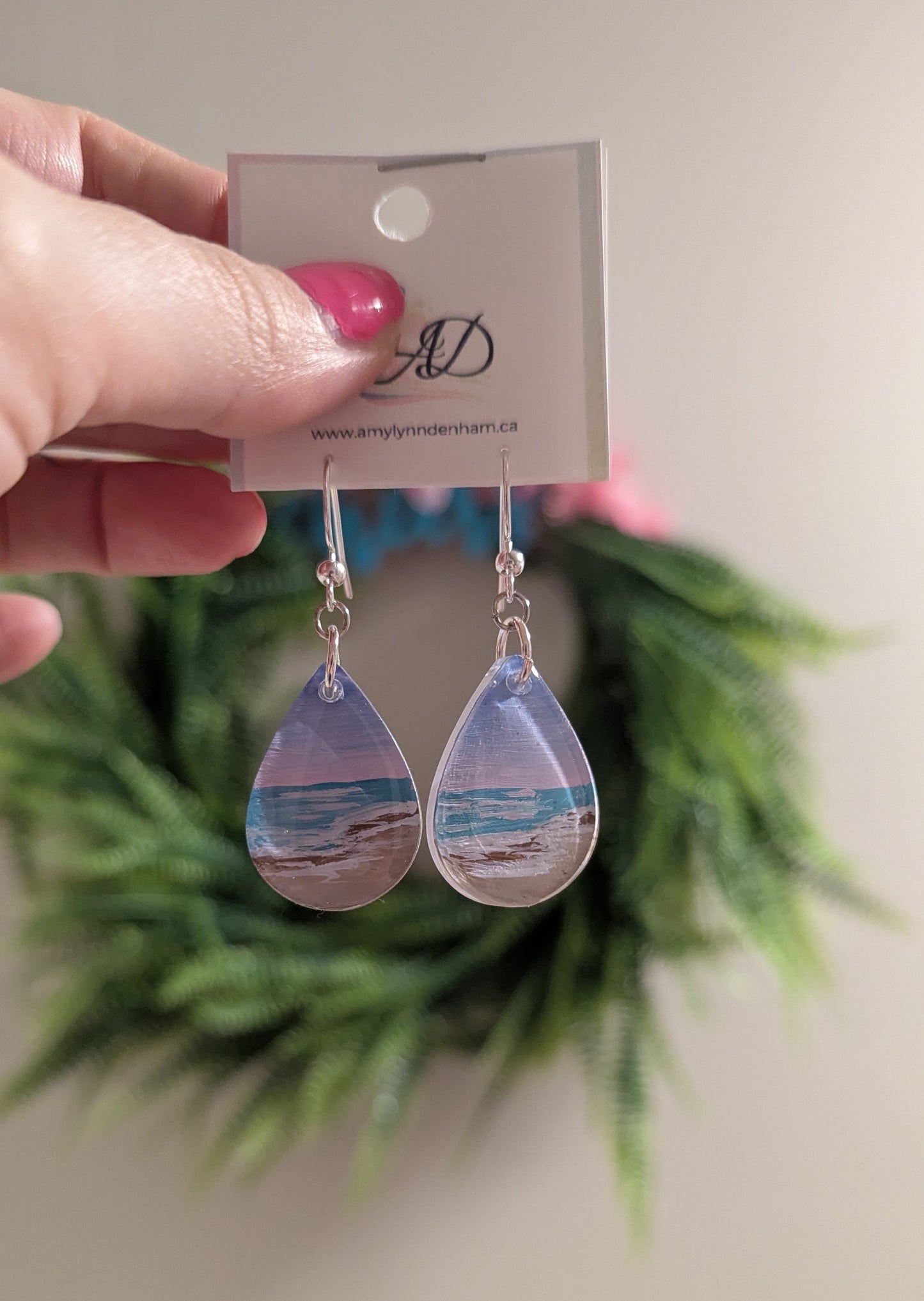 Pink Sunset Beach Earrings, Hand Painted Scenes Encased in Resin
