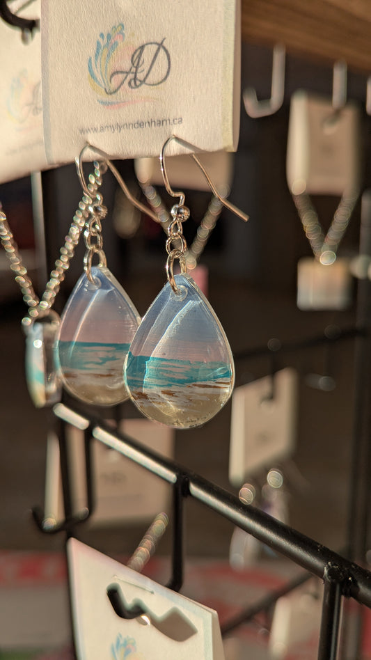 Pink Sunset Beach Earrings, Hand Painted Scenes Encased in Resin