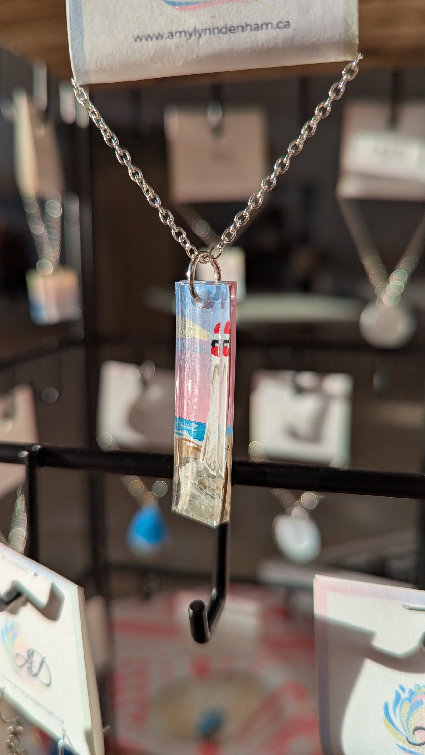 Rectangular lighthouse hand painted resin necklace