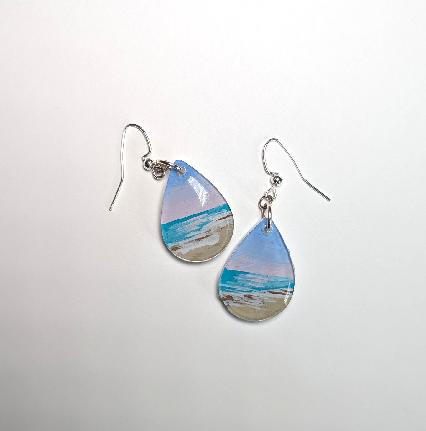 Pink Sunset Beach Earrings, Hand Painted Scenes Encased in Resin