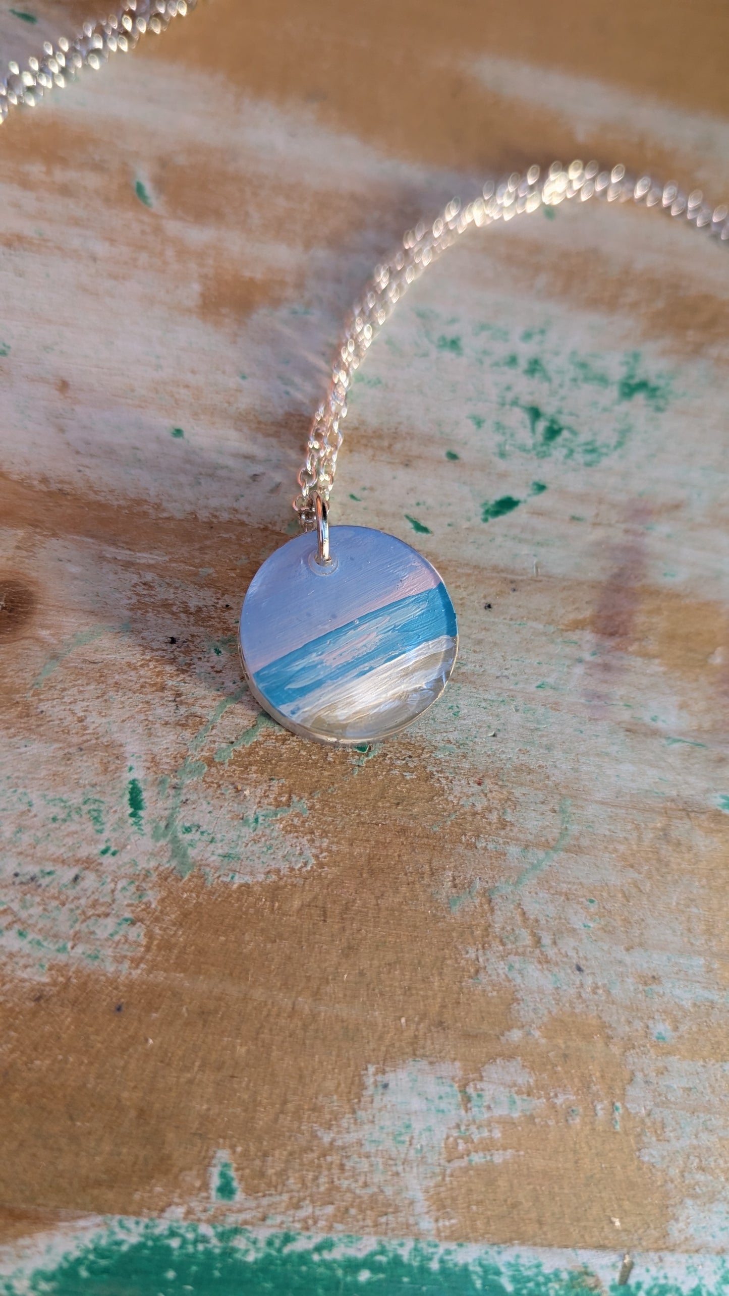 Pink Sunset Hand Painted Resin Necklace, Sunset Jewelry, Pink Beach Necklace