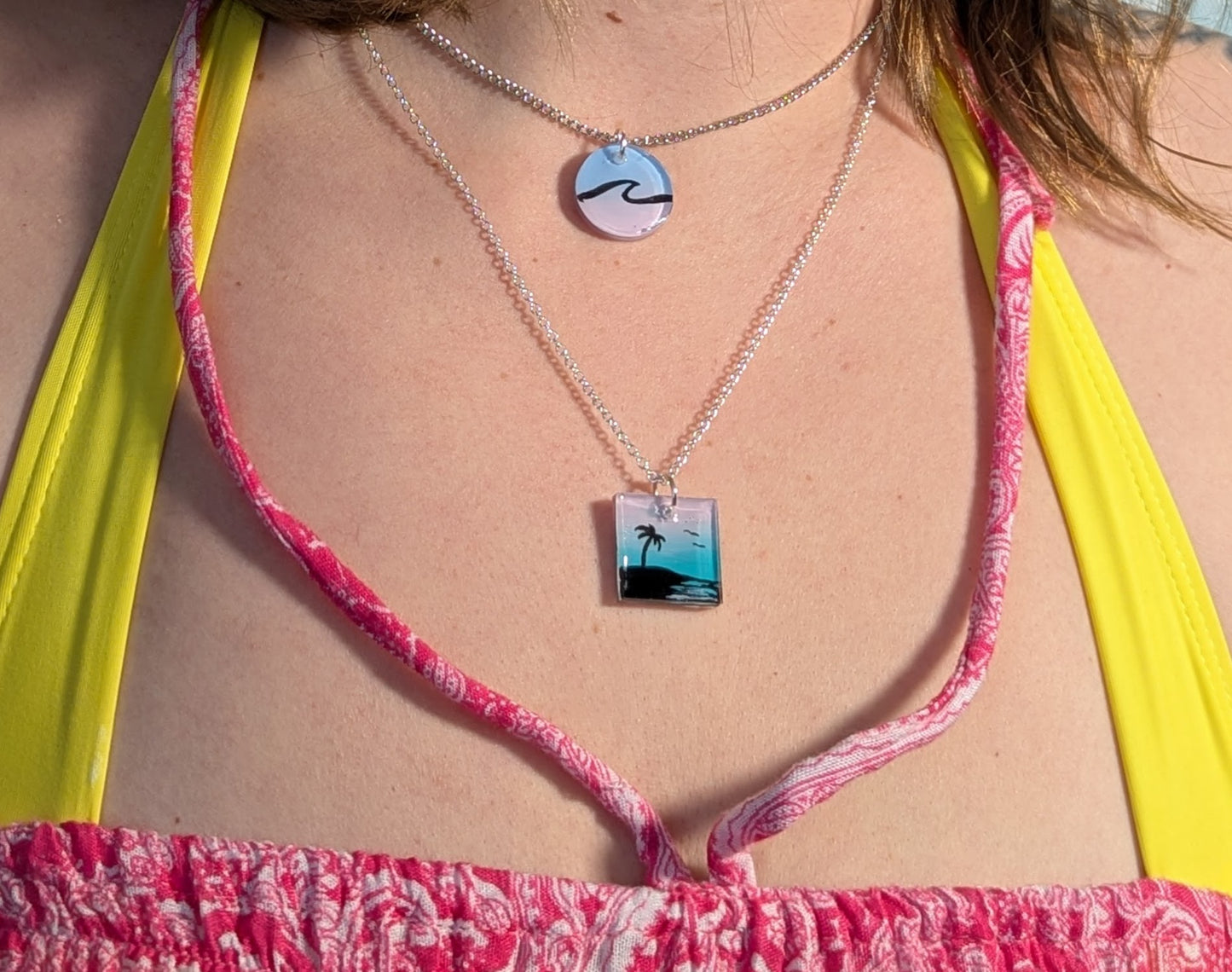Malibu Vibes pink and teal sunset silhouette palm tree necklace