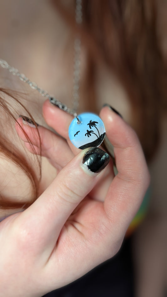 Palm Trees Sunset Silhouette Coin-shaped pendant necklace