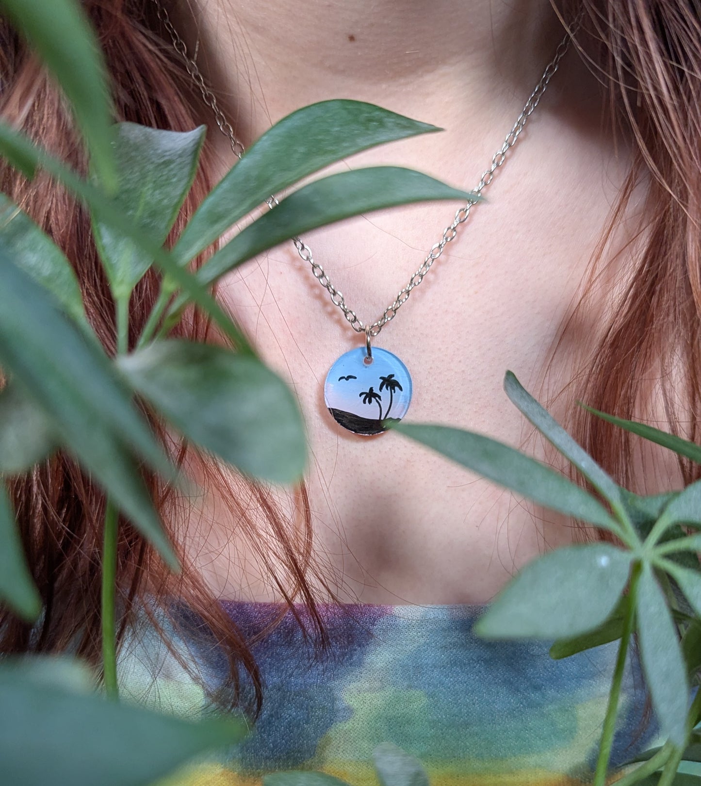 Palm Trees Sunset Silhouette Coin-shaped pendant necklace