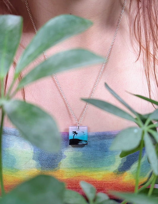 Malibu Vibes pink and teal sunset silhouette palm tree necklace