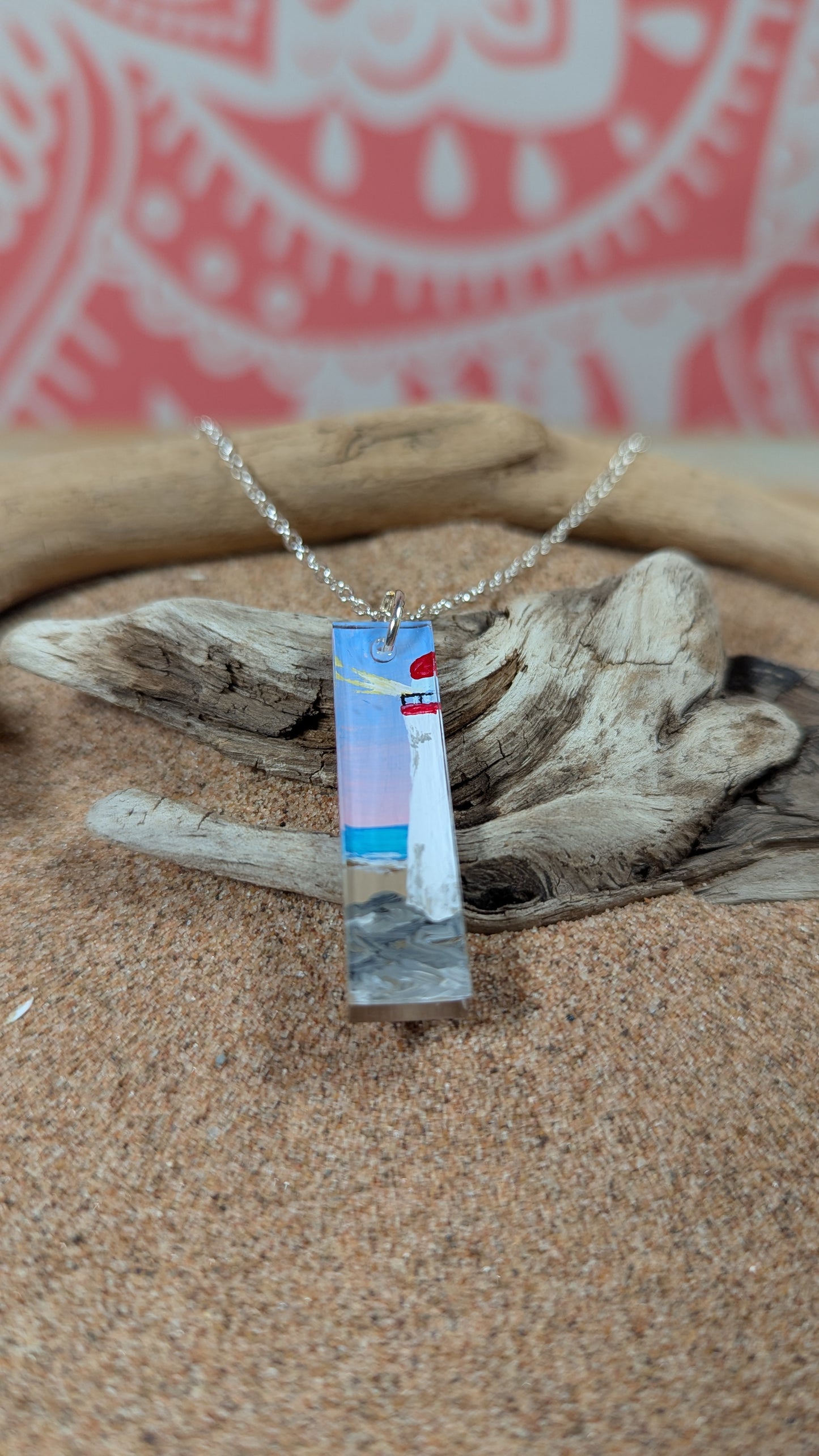 Rectangular lighthouse hand painted resin necklace