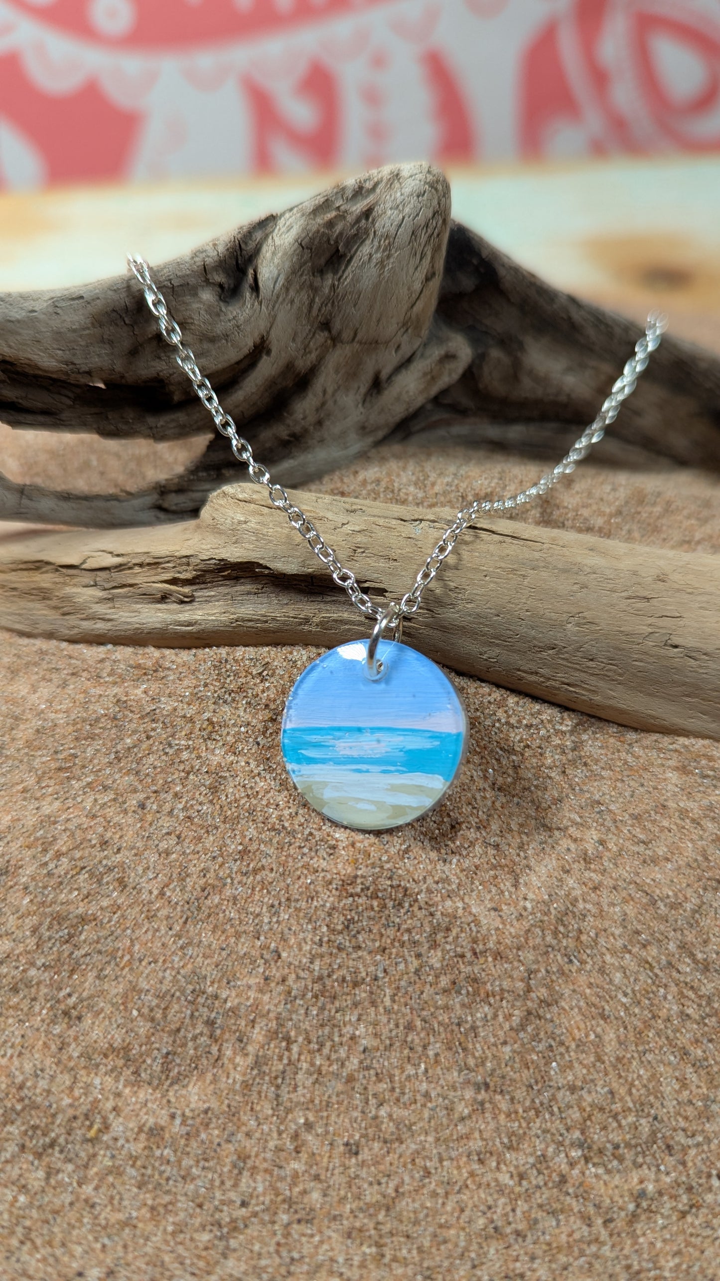 Pink Sunset Hand Painted Resin Necklace, Sunset Jewelry, Pink Beach Necklace