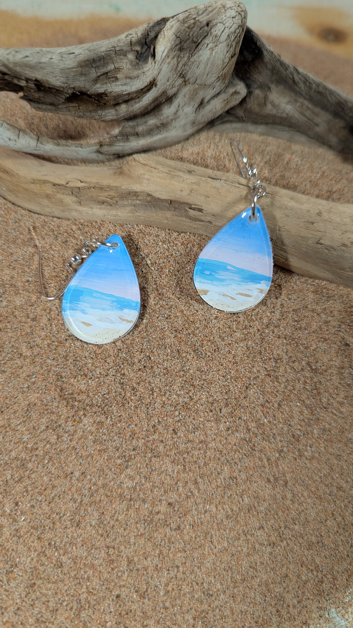 Pink Sunset Beach Earrings, Hand Painted Scenes Encased in Resin