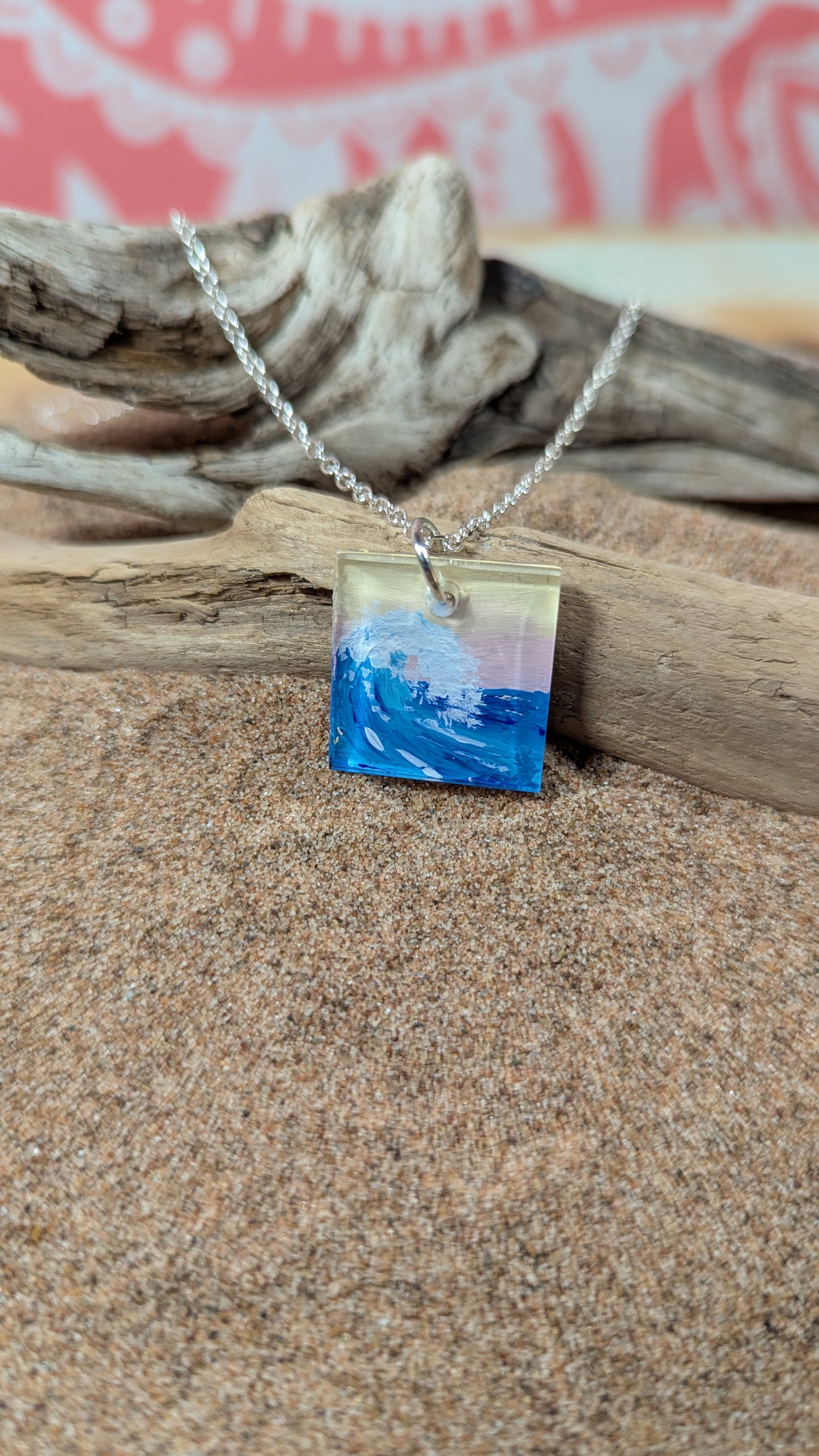Square sunset wave acrylic hand painted resin necklace