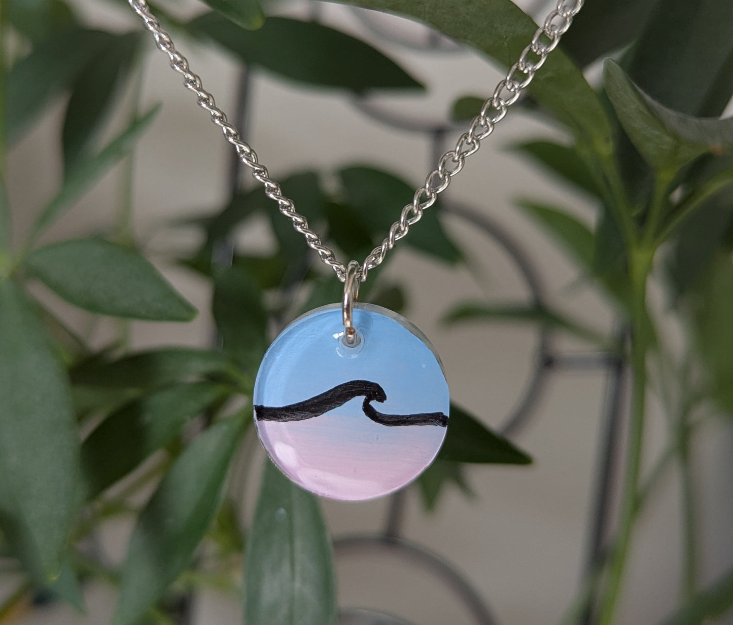 Simple wave pink and blue hand painted surfer girl resin necklace