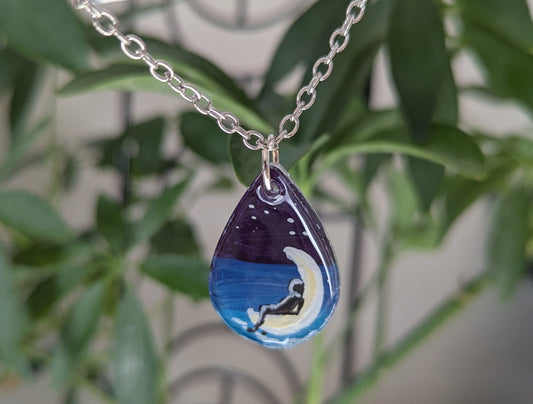 Moon on the water hand painted acrylic resin mystical pendant necklace