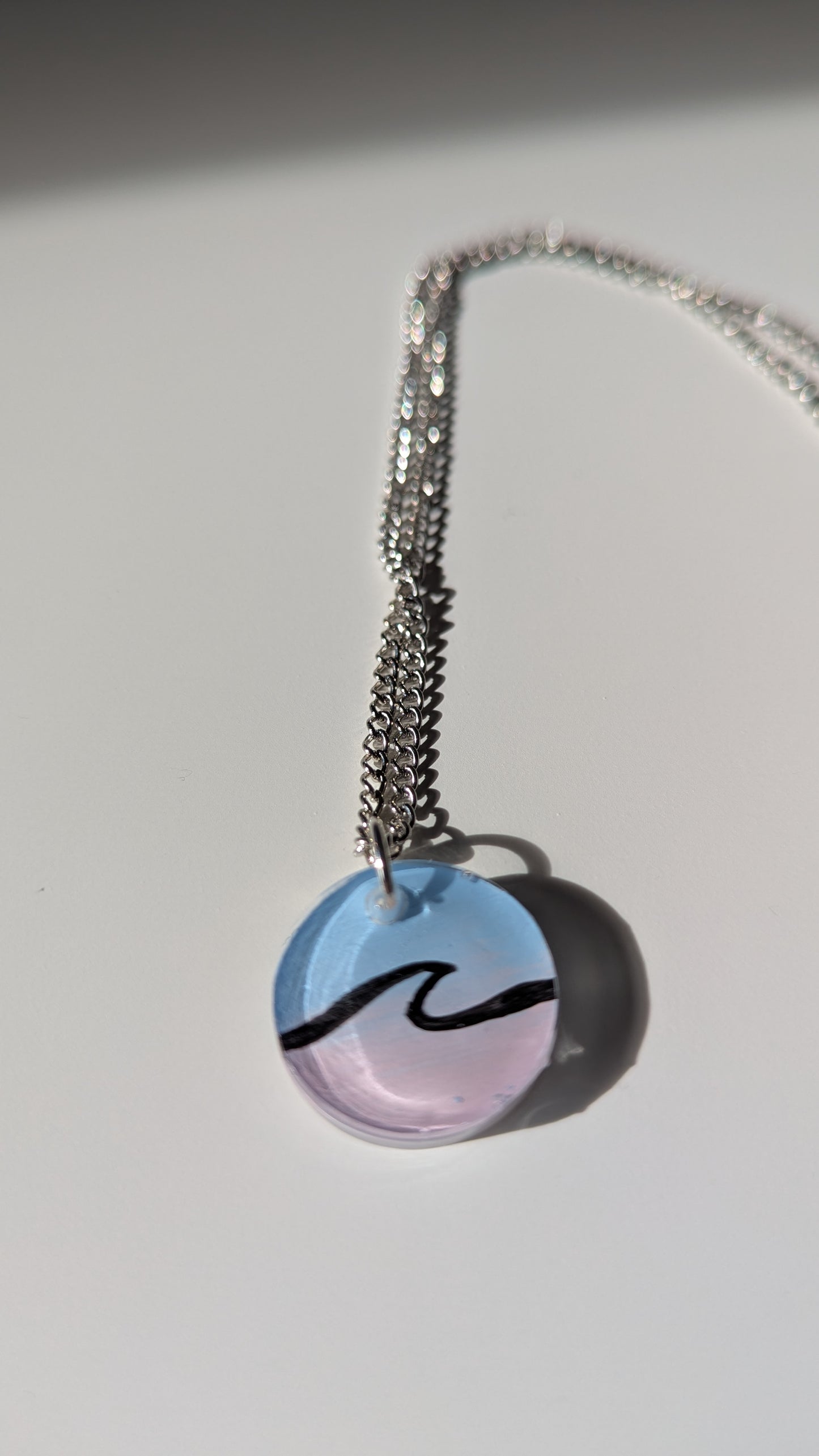 Simple wave pink and blue hand painted surfer girl resin necklace
